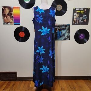 Vintage Navy Hibiscus Print Maxi Dress